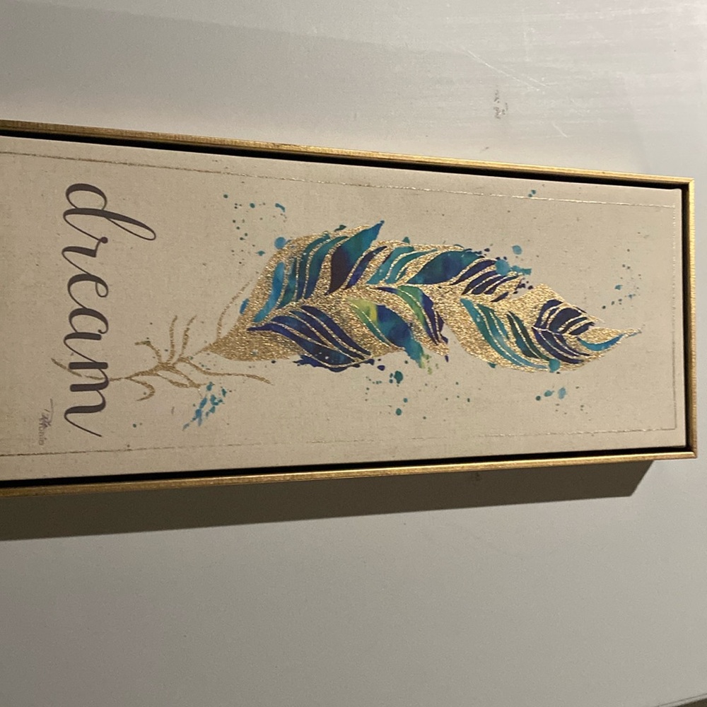 Wall art home decor - dream gold lined art with watercolor feather